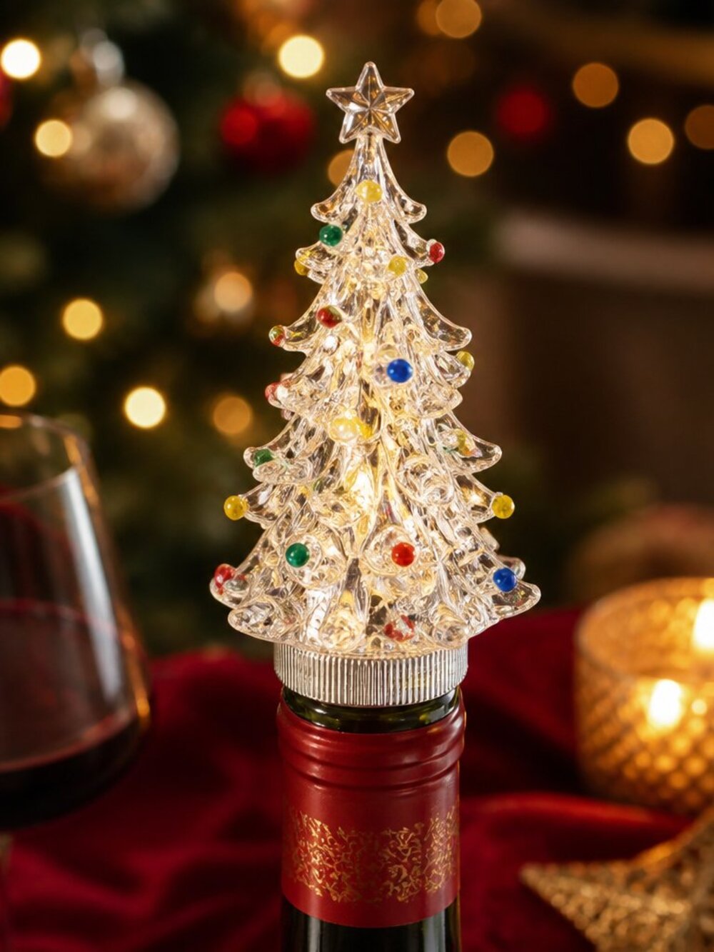 Source Unknown Clear Glass Christmas Tree Bottle Stopper with Multicolor Accents